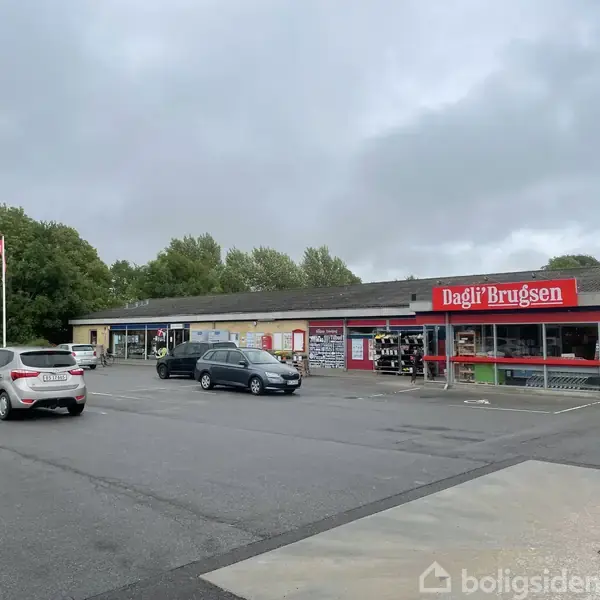 En Dagli'Brugsen-butik med rød facade og skilt, parkeret bil foran, omgivet af et grønt område og overskyet himmel.