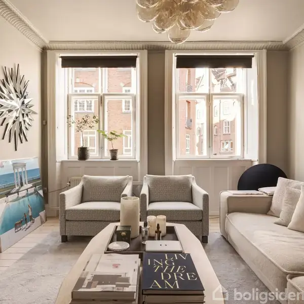 Stue med to sofaer omkring et lavt bord med bøger og stearinlys. Store vinduer lukker lys ind, og et vægmaleri læner op ad væggen. Elegant og lys atmosfære.