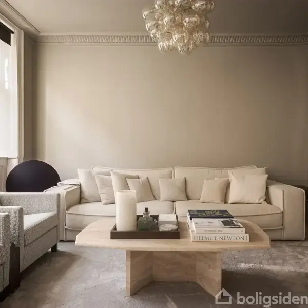 Stue med lysegrå sofa og sofabord, dekoreret med bøger og lys. Store vinduer til venstre giver naturligt lys. Lysegrå vægge og dekorativ lysekrone bidrager til en elegant atmosfære.
