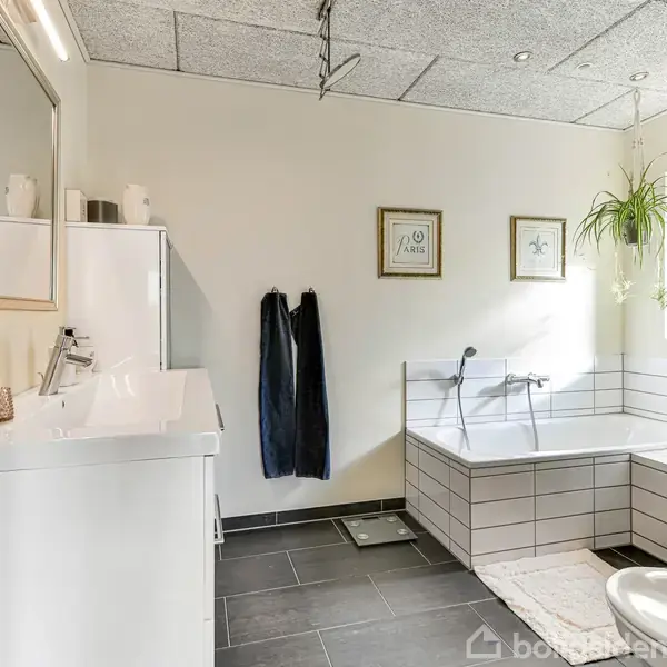 Et hvidt badeværelse med et hjørnebadekar placeret ved et vindue. En grøn plante hænger fra loftet. På væggen hænger tre billeder. Brun/hvid badeværelsesmåtte på gulvet.