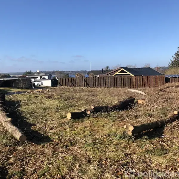 Nedfældede træstammer ligger på en plan jordoverflade fortsat med græs og mos. I baggrunden ses en trærække og flere træbeklædte bygninger omgivet af et hegn under en klar blå himmel.