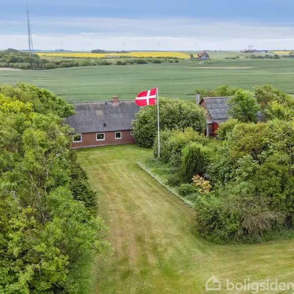Et rødt murstenshus står stille omgivet af grønne træer og marker. En dansk flagstang med flag vejrer i haven. Fredelig landlig atmosfære.