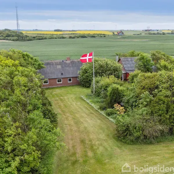 En rød murstensbygning med græsplæne foran, står stille midt i frodig natur. Det danske flag vajer på en flagstang ved siden af bygningen. Landlige marker omgiver stedet.