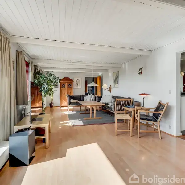 Stue i træhus med store vinduer og trægulve. Møbler inkluderer sofa, stole og sofabord. Rummet er lyst, indrettet med planter, malerier og åben forbindelse til køkkenet.