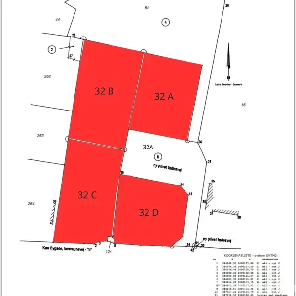 Røde felter er markeret med labels: "32 A", "32 B", "32 C", "32 D". De er placeret på en kortlayout med sorte linjer og tekst beskriver grunde og veje, herunder "Ny Privat Fællesvej".