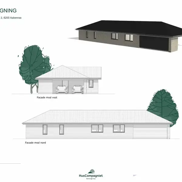 En bygning vises i tre facadetegninger: ovenfra, vest- og nordfasaden. Tekst: "FACADETEGNING Adresse: Venneminde 2, 6200 Aabenraa Dato: 22.11.2024 Tegner: TAN Skal... 1:100 Facade mod vest Facade mod nord."