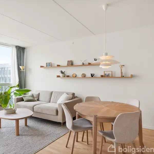 En stue med en grå sofa ved siden af et rundt sofabord med en plante. Et spisebord med stole står i forgrunden, omgivet af lyse, minimalistiske hylder på væggen.