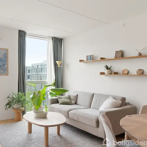 En lys stue har en grå sofa med puder. Grønne planter er placeret på et lille bord og nær vinduet. På væggen hænger hylder med dekorationer.