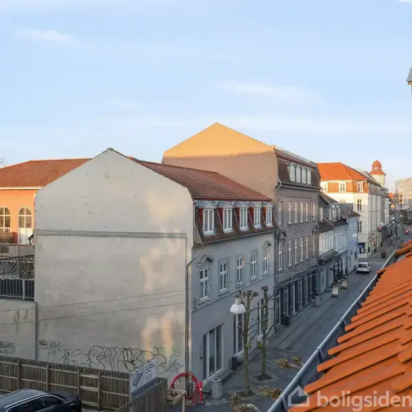 Bygninger strækker sig langs en stille gade, set fra et tag med orange tegl. Træer og biler pryder gaden, mens en lys, klar himmel danner baggrund.