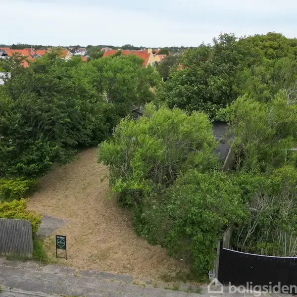 Græsplæne omgivet af træer, ved siden af sort hus med hvidt vindue, i en forstadsområde med rødt tag. Skilt står ved grussti i forgrunden.