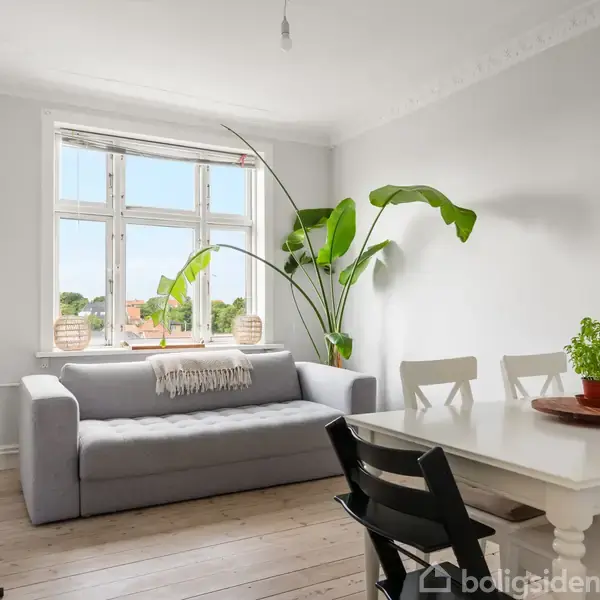 Sofa står foran stort vindue, dekoreret med to plantelygte fra falske væg som palmeplanten opmuntres til at vokse op i krukken til højre. Keyboard ved gulvet, spisebord og stole til venstre.