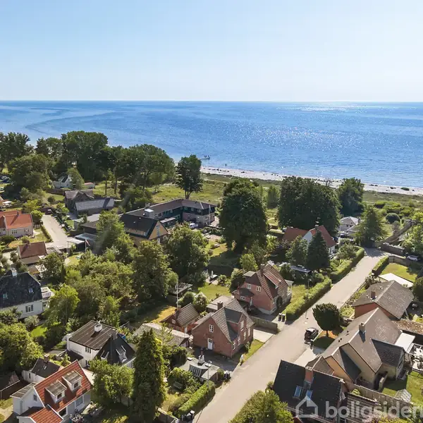 Et boligområde med huse omgivet af grønne træer langs en kystlinje, havet i baggrunden. Husene er spredt langs veje, der leder ned til stranden.