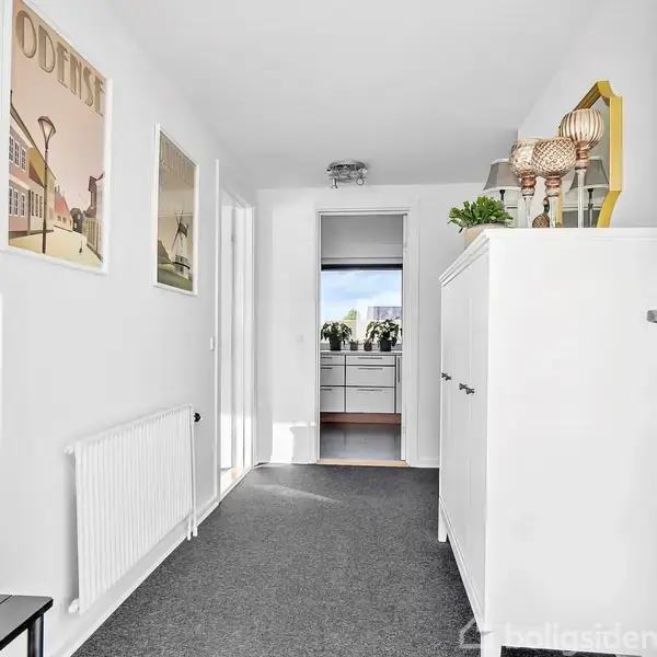 En lys entré med en grå måtte på gulvet fører til et rum med et vindue og blomster. En plakat med teksten "ODENSE" hænger på væggen over en radiator.