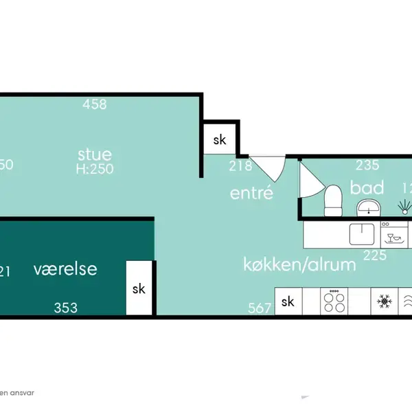 Plantegning viser en lejlighed med entré, stue, værelse og køkken/alrum. Målene vises i små tal: stue (458, 250), værelse (221, 353), køkken/alrum (567, 225), og bad (235, 124). Nord pil i højre hjørne.
