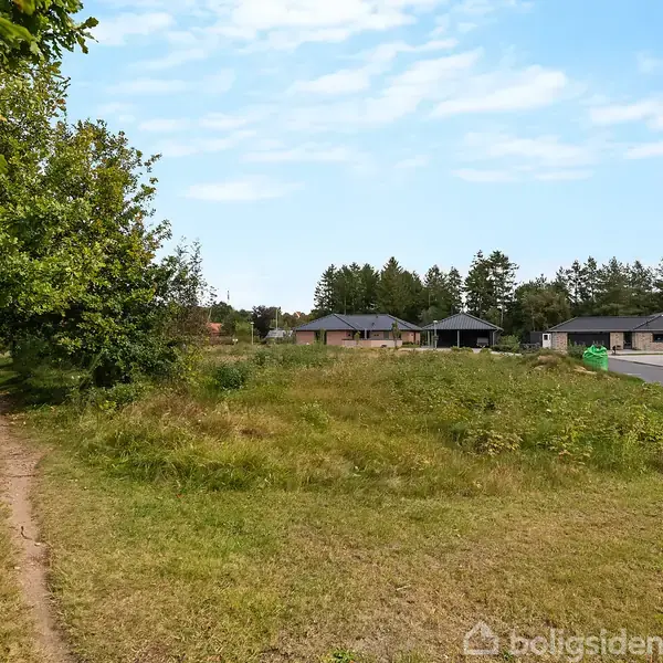 Græsbevokset område grænser op til en asfalteret vej med spredte enfamiliehuse i baggrunden. Et smalt stispor løber langs en række træer til venstre. Klar himmel over området.