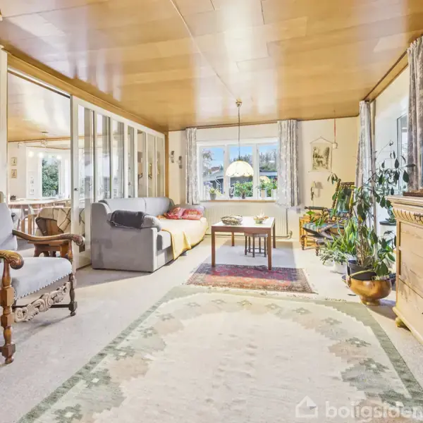 En stue med en sofa, stole og et tæppe, handlingen viser et komfortabelt opholdsrum. Konteksten indeholder store vinduer, der slipper lys ind, planter og en reol.