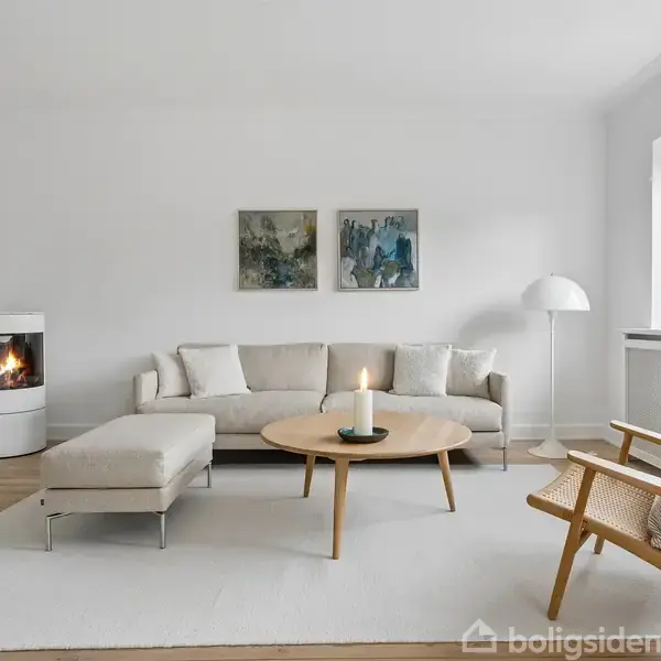 En lys stue med en beige sofa og et rundt træbord i midten. En moderne brændeovn er tændt. Store vinduer og plakater på væggen skaber et skandinavisk design.