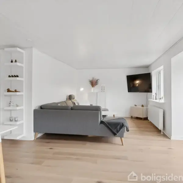Grå sofa står i en moderne, lys stue med trægulv. På væggen er et TV monteret. Hylder og en radiator er på højre side. Uden synlig tekst.