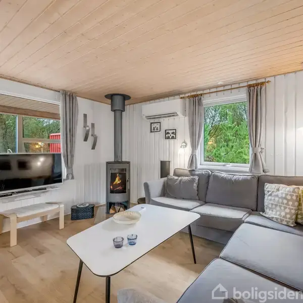 En grå sofa står i et hyggeligt stuehjørne med brændeovn, fladskærms-TV på hvidt bord og udsigt til grønt gennem store vinduer. Væggene er lyse med træbeklædning.