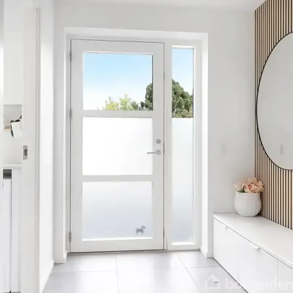 Indgangsdør åbner til en lys, minimalistisk gang med hvide vægge. En træstribet væg til højre har et stort rundt spejl og en plante i en hvid potte. Sollys stråler ind.