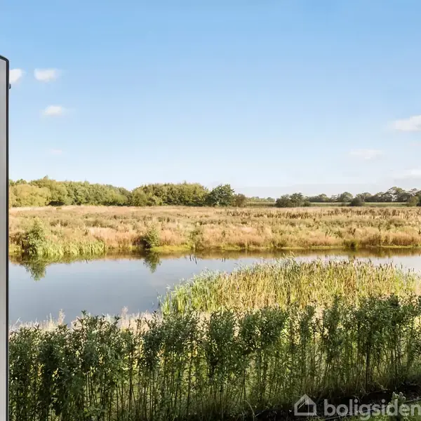 Et åbent vindue fremhæver en rolig udsigt over en sø omgivet af græs og træer under en klar blå himmel. Ingen tekst er synlig i billedet.