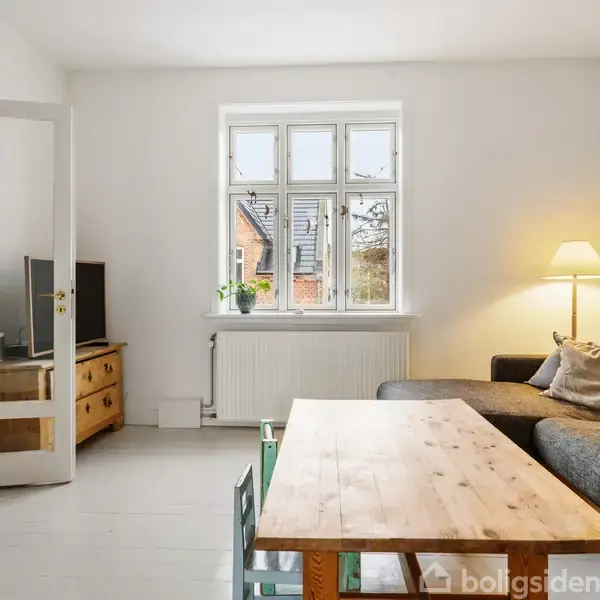 En stue med en grå sofa og tæppe, et træbord i midten og en gulvlampe. Et vindue med udsigt til murstensbygninger og en rejsekruk plante på vindueskarmen.