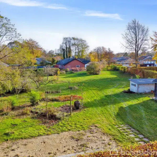 Grønt haveområde med græsplæne og enkelte træer omgivet af huse i et villakvarter. En mindre bygning står til højre ved en brolagt sti. Himlen er klar og solrig.