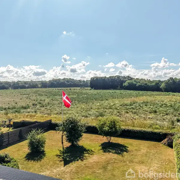 En dansk flagstang med Dannebrog vajer i vinden i en grøn have omkranset af lave hække. I baggrunden ses en åben mark og et bælte af træer under en blå himmel.
