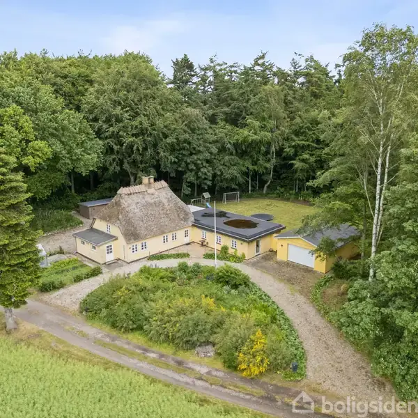 Gult bindingsværkshus med stråtag står omgivet af en frodig have og skov. En grusvej fører til huset, som har et anneks og en lille garage.