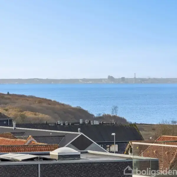 Huse ses i forgrunden med tage og skorstene. En blå sø eller hav ses bagved med en skovklædt kystlinje. En by eller industriområde er synligt i horisonten.