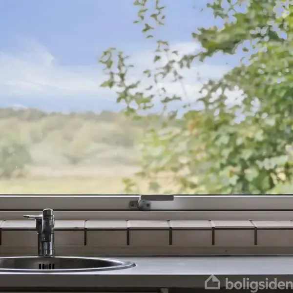 En køkkenvask med en vandhane står i en hvid ramme. Udenfor vinduet ses grønne træer og en blå himmel.