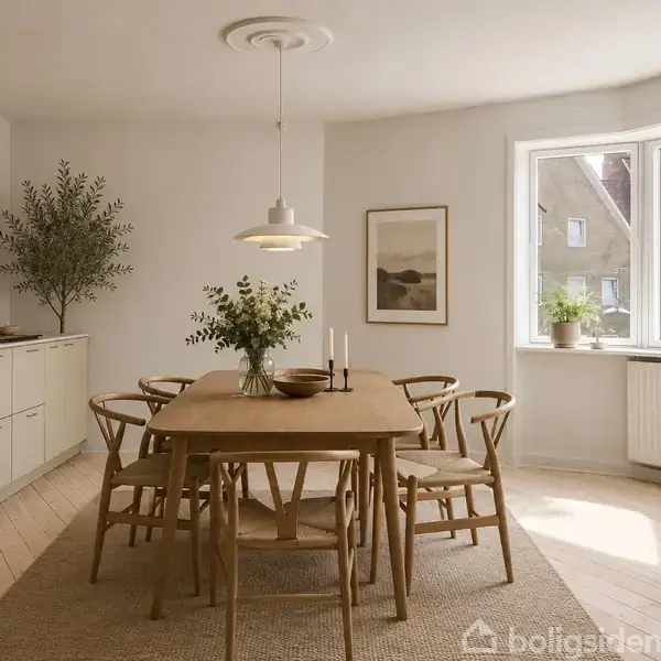 Et spisebord med seks stole står på et tæppe. En lampe hænger over bordet. Rummet har et stort vindue, en plante, og billeder på væggen.