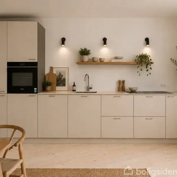 Et moderne køkken med lyse skabe og indbygget ovn. En hylde med planter og skåle er oplyst af væglamper. Et træbord med en stol står i forgrunden.