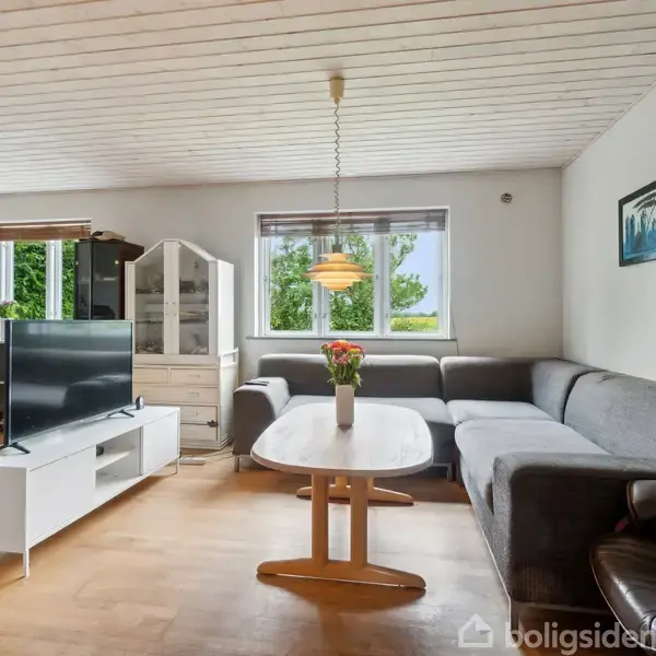 En stue med en grå sofa, et sofabord i træ, en vase med blomster og en fladskærms-TV på en lav hvid reol. Store vinduer bringer lys ind i rummet.