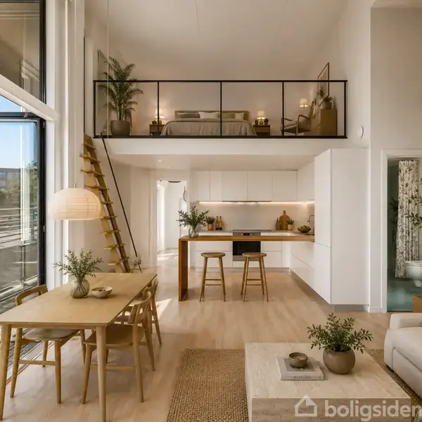 Lyst, moderne stue med åben hems har en spiseplads og køkken nedenunder. Træbord og sofa i forgrunden, trappe fører til hemsen med skrivebord og seng. Store vinduer giver naturligt lys.
