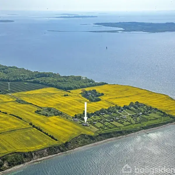 En halvø med gule rapsmarker omringet af hav. En hvid, opretstående struktur står midt i markerne. I baggrunden ses flere øer og en kystlinje.
