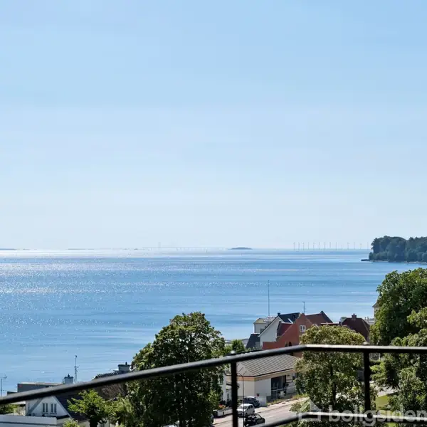 Havudsigt med glitrende blåt vand og spredte skovklædte områder i baggrunden. I forgrunden anes tagene af nogle huse omgivet af grønne træer.