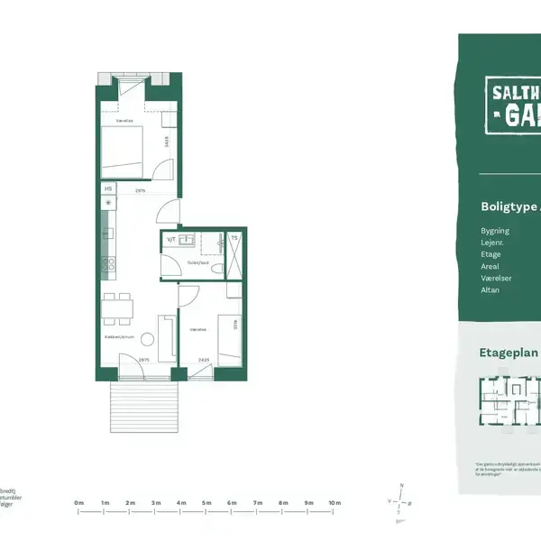 Etageplan viser en lejlighed med to værelser, køkken, bad og en lille altan. Tekst inkluderer "Saltholmsgade Boligtype A2 2.1," "Bygning A," "Etage 2," "Areal 62 m²," "Værelser 4," "Altan 5 m²."
