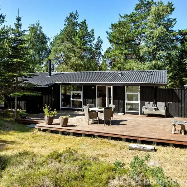 Et sort træhus står stille i en skov omringet af høje træer med en terrasse udstyret med havemøbler og grønne planter. Sollys skinner på græsplænen.