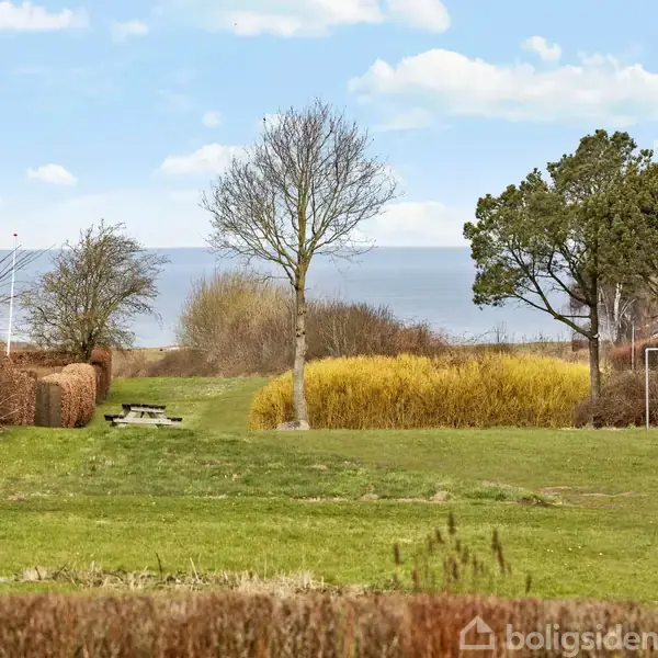 En græsplæne med tomt fodboldmål og et picnicbord i forgrunden. Træer og buske omgiver pladsen, og i baggrunden ses en rolig himmel.