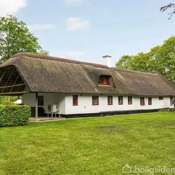 Stråtækt hus med hvid facade og mørkerøde vinduer står på en frodig græsplæne omgivet af træer og buske. Et par stole er på den overdækkede terrasse.