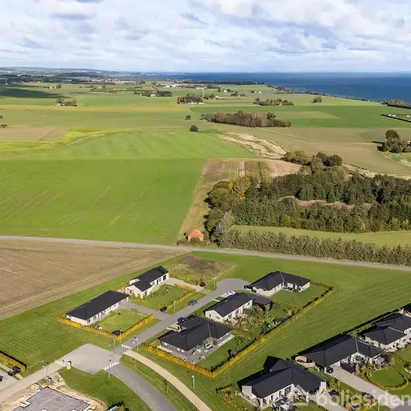 En række moderne huse ligger spredt ud på en grøn mark. Baggrund viser åbne marker, skove og en kystlinje med havudsigt under en blå himmel.
