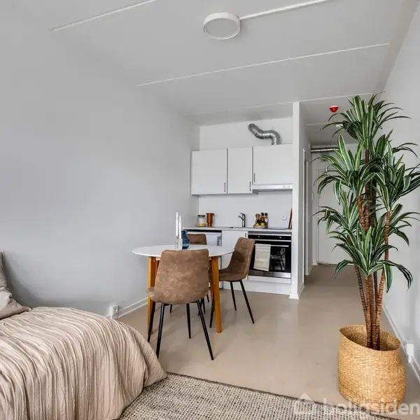 En hyggelig stue med en beige sofa til venstre, og et lille spisebord med to stole ved siden af. Et køkken ses i baggrunden og en plante står til højre.