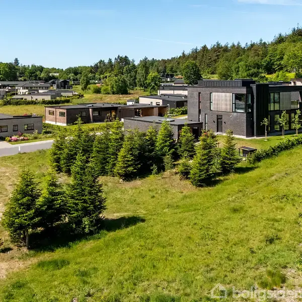 Sort moderne hus omgivet af grønne træer, placeret i et roligt boligområde med flere andre huse. Skovklædt bakke i baggrunden, bidragende til en naturskøn atmosfære.