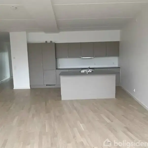 En moderne køkkenø med vask står i et stort, tomt rum med lyse trægulve. Grå køkkenskabe og en ovn bagved udgør køkkenet, med hvide vægge omkring.