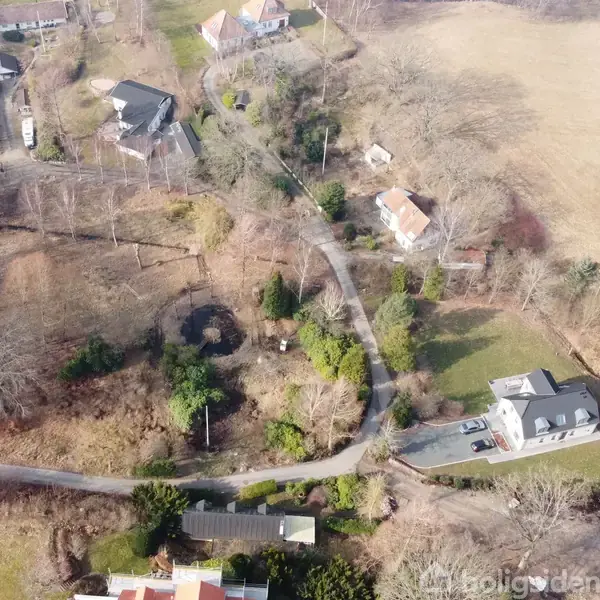 Luftfoto af et villakvarter med spredte huse omgivet af træer og marker. En snoet vej forbinder boligerne i det rolige område.