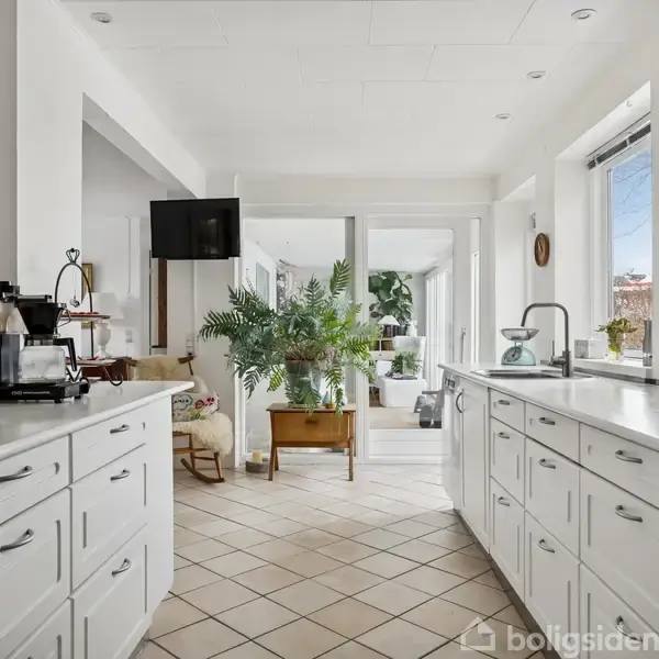 Køkken med hvide skabe og skuffer strækker sig langs væggene, mens en stor grøn plante står ved indgangen til en lys stue, omgivet af store vinduer.