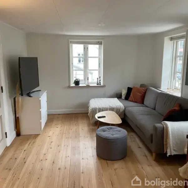 Gråt hjørnesofa står ved vinduer med puder og tæppe, træbord i midten, fladskærms-TV på skænk, trægulv og lyslampe skaber en hyggelig stuestemning.