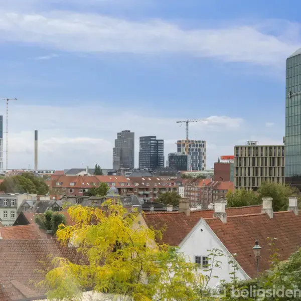 Flere moderne bygninger står i baggrunden og rager op over en række klassiske tegltagshuse. Træerne i forgrunden tilføjer farver til det urbane landskab.