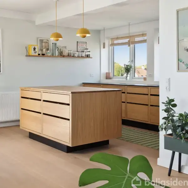 Køkken med træø og skuffer, omgivet af grønne planter. To gule pendellamper hænger over øen. Lyse vægge med kunst, og et vindue med udsigt.